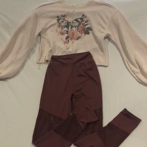 Ivory long sleeved crop top burgundy legging set